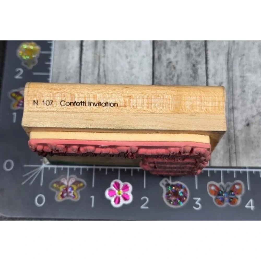 Dots You're Invited Date Time Party Confetti N107 Rubber Stamp Wood #P76